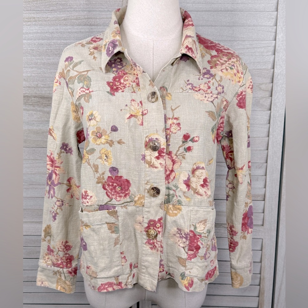 APPLESEED'S (petites) Linen Blend Cropped Floral Jacket Light Green/Multi-PS